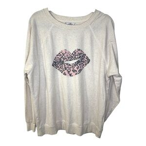 Wildfox Oatmeal Pullover Sweatshirt with Pink and Black Leopard Lip Graphic